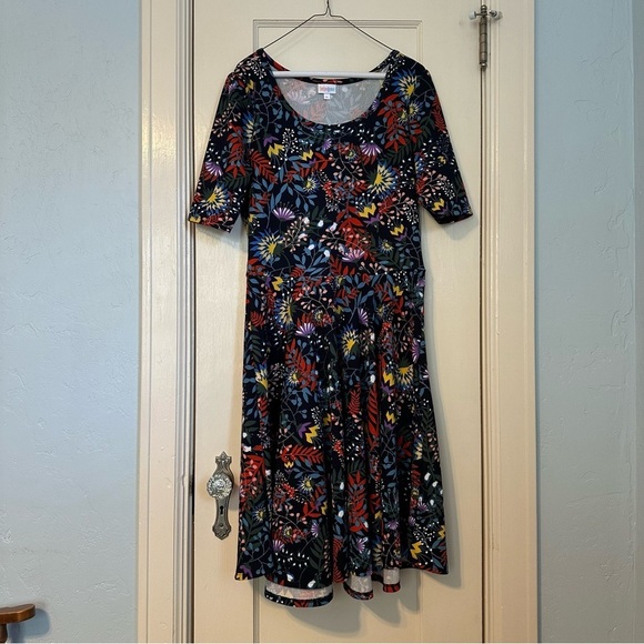 LulaRoe Dress Nicole Dark Floral Multicolor Fit & Flare 3/4 Sleeve Size XL - Picture 3 of 13